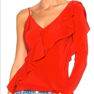 DVF Red One Shoulder Ruffle Blouse